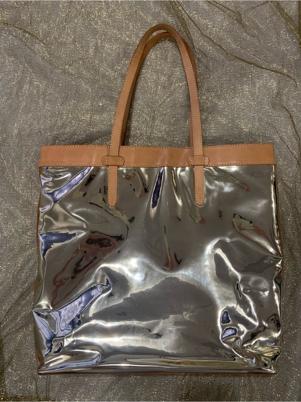 Consuela Shiny Gold Tote with Tan Trim - Picture 3 of 14